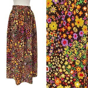 Vintage Colorful Psychedelic Barkcloth Floral Flower Power Long Skirt size XS